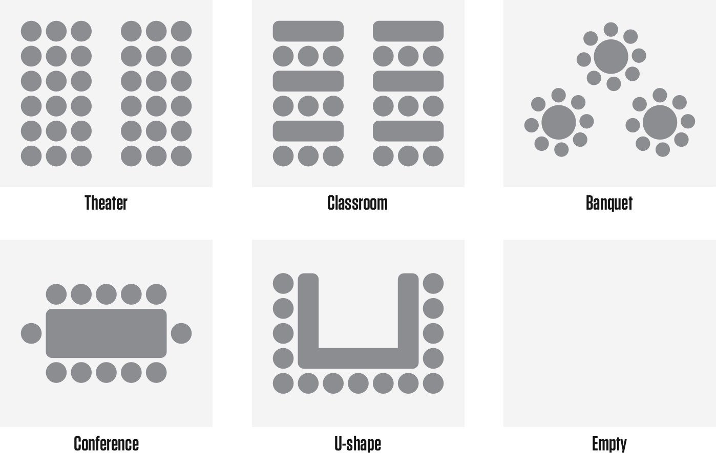 Room layouts include: theater, classroom, banquet, conference, u-shape, and empty room.